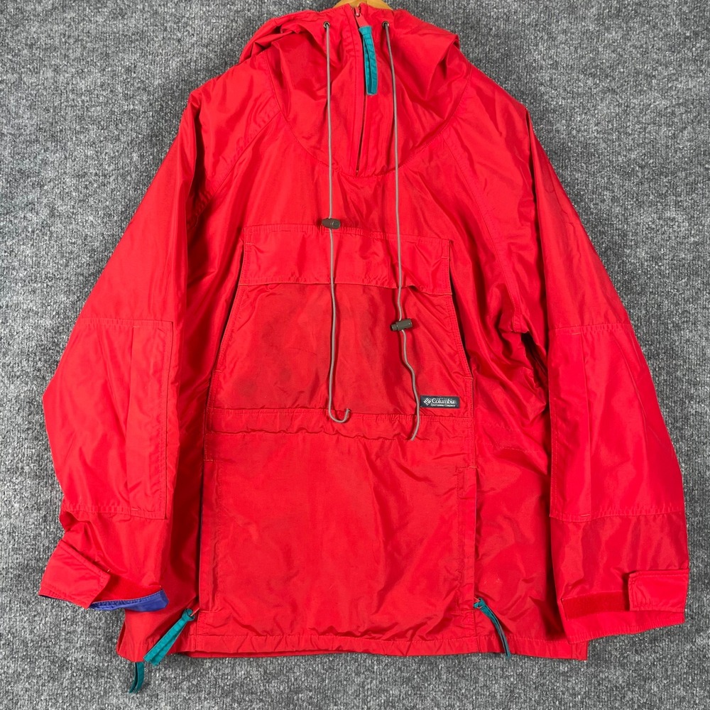 Vintage Columbia Jacket Mens Medium Red Hooded Pullover Anorak Pockets Nylon 90s